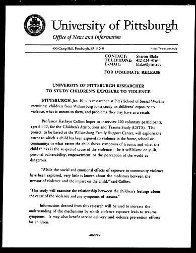 University of Pittsburgh Researcher to Study Children's Exposure to Violence