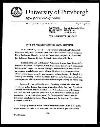 Pitt to Present Horace Mann Lecture