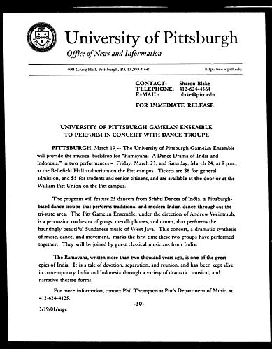 University of Pittsburgh Gamelan Ensemble to Perform in Concert with Dance Troupe
