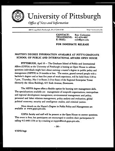 Master's Degree Information Available at Pitt's Graduate School of Public and International Affairs Open House