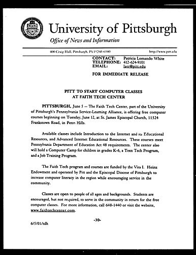 Pitt to Start Computer Classes at Faith Tech Center