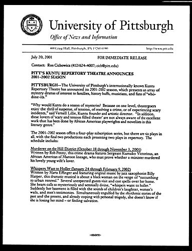 Pitt's Kuntu Repertory Theatre Announces 2001-2002 Season