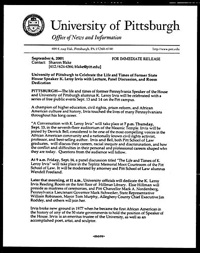 University of Pittsburgh to Celebrate the Life and Times of Former State House Speaker K. Leroy Irvis with Lecture, Panel Discussion, and Room Dedication