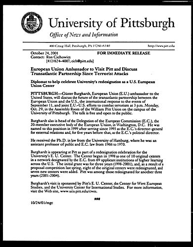 European Union Ambassador to Visit Pitt and Discuss Transatlantic Partnership Since Terrorist Attacks