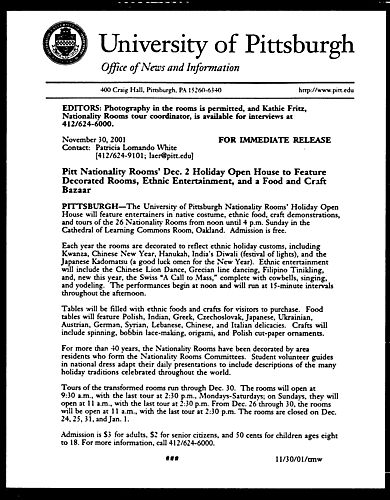 Pitt Nationality Rooms' Dec. 2 Holiday Open House to Feature Decorated Rooms, Ethnic Entertainment, and a Food and Craft Bazaar