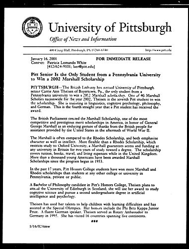 Pitt Senior Is the Only Student from a Pennsylvania University to Win a 2002 Marshall Scholarship