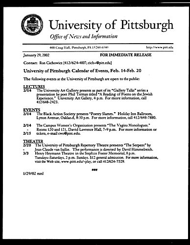 University of Pittsburgh Calendar of Events, Feb. 14-Feb. 20