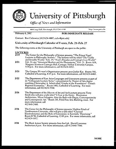 University of Pittsburgh Calendar of Events, Feb. 21-Feb. 27