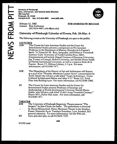 University of Pittsburgh Calendar of Events, Feb. 28-Mar. 6