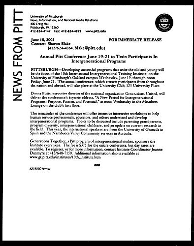 Annual Pitt Conference June 19 - 21 to Train Participants in Intergenerational Programs