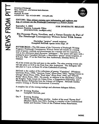 Pitt Present Poets, Novelist, and a Nature Essaist as Part of the Pittsburgh Contemporary Writers Series' Fifth Season