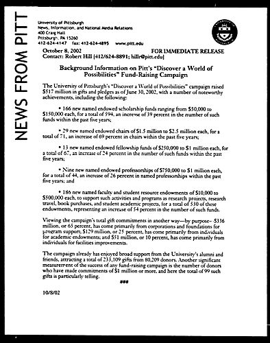 Background Information on Pitts "Discover a World of Possibilities "Fund - Raising Campaign