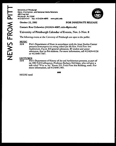 University of Pittsburgh Calendar of Events, Nov. 2 - Nov. 8