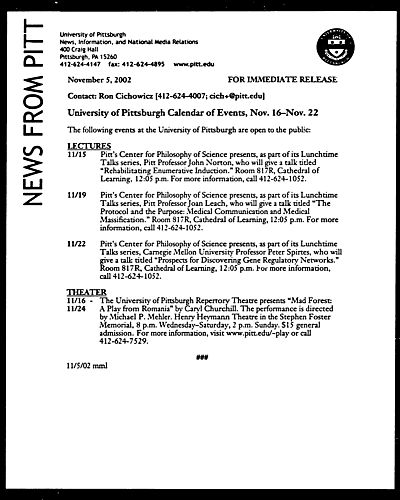 University of Pittsburgh Calendar of Events, Nov. 16 - Nov. 22