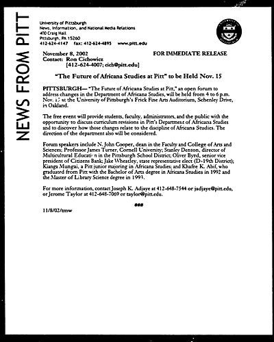 "The Future of Africana Studies at Pitt" to Be Held Nov. 15