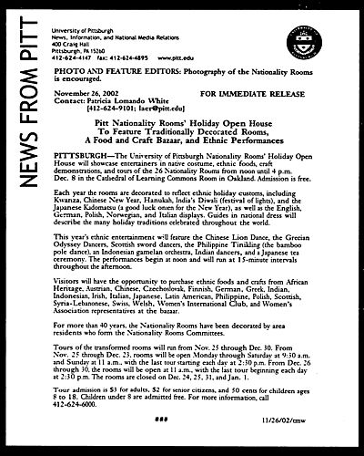 Pitt Nationality Rooms Holiday Open House to Feature Traditionally Decorated Rooms, a Food and Craft Bazaar, and Ethnic Performances