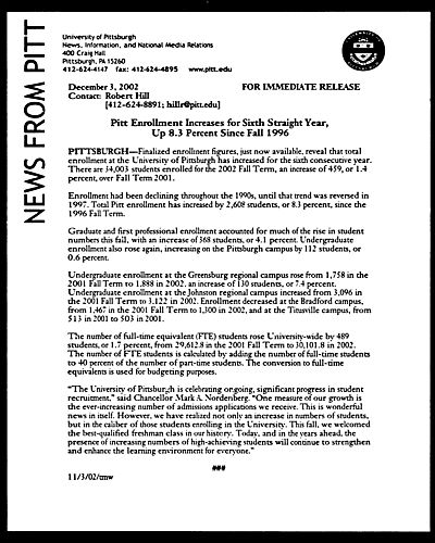 Pitt Enrollment Increase for Sixth Straight Year Up 8.3 Percent Since Fall 1996